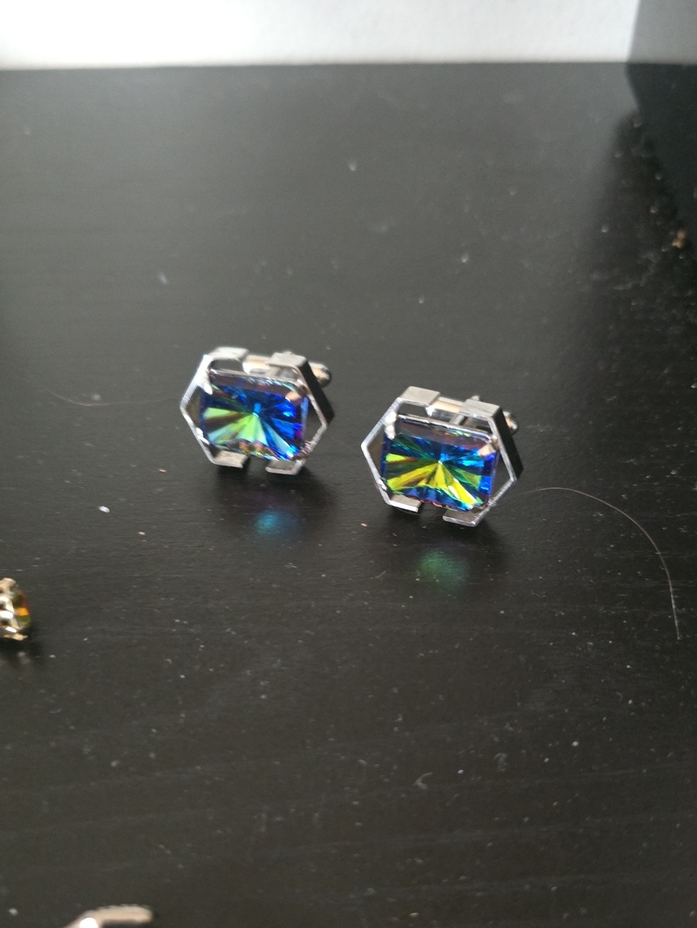 Men's Hexagon Cufflinks with Blue-Green Iridescent Crystal